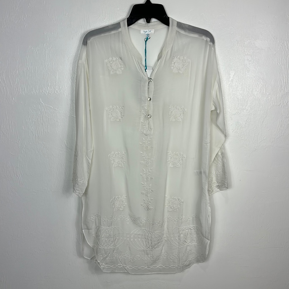 Kyla Seo Luana White Floral Embroidery Boho 3/4 Sleeve Tunic Top Size S